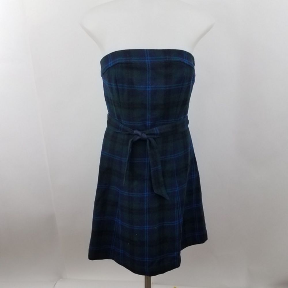 American Eagle Dress 0 Wool Plaid Strapless Green Blue Belted A-line Schoolgirl
